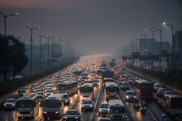 An illustration of a chaotic traffic jam on a busy highway, with vehicles at a standstill. Ai generated.