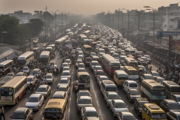 An illustration of a chaotic traffic jam on a busy highway, with vehicles at a standstill. Ai generated.