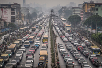 An illustration of a chaotic traffic jam on a busy highway, with vehicles at a standstill. Ai generated.