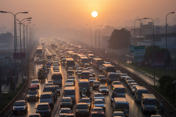 An illustration of a chaotic traffic jam on a busy highway, with vehicles at a standstill. Ai generated.