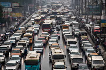 Obraz premium An illustration of a chaotic traffic jam on a busy highway, with vehicles at a standstill. Ai generated.