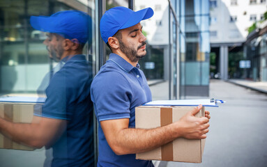 Problem with delivery. Worried delivery man holding package. Transportation concept