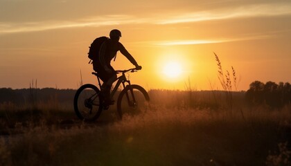 Fototapeta na wymiar Silhouette of a Cyclist Riding on a Mountain Bike on a Sunset 