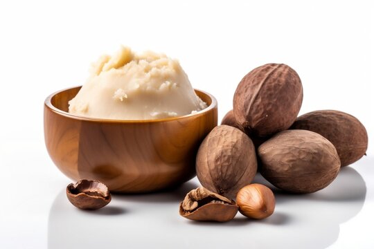 Shea Nuts with Shea Butter in Wooden Bowl on White Background 