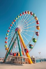 Colorful ferris wheel at the amusement park. Ferris wheel in the park on blue sky background. Summer holiday. Generative AI