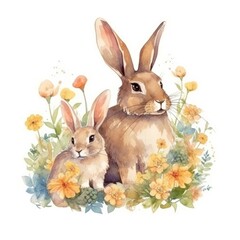 Fototapeta na wymiar Watercolor illustration of hares with flowers. Isolated on white background
