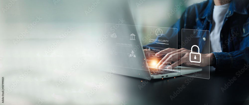 Aufkleber businesman is using laptop for cyber security protection , security login with key , user privacy se