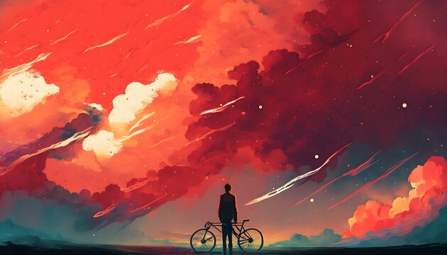 man with bicycle standing against red clouds in the sky, illustration, digital painting, Generative AI