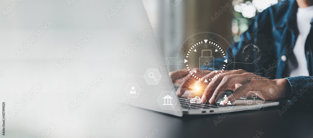Aufkleber businesman is using laptop for cyber security protection , security login with key , user privacy se