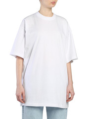 A woman wears a white over size t shirt