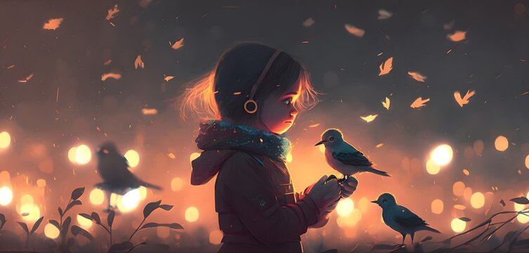 little girl with a mask feeding birds in evening time, digital art style, illustration painting, Generative AI