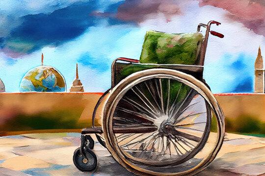 wheelchair with abstract Earth. International Day of Persons with Disabilities. Generative Ai - Powered by Adobe