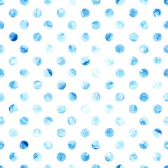 Seamless watercolor pattern in polka dot style. Blue dots on a white background. Handwork on paper with paints. Cute summer and spring print.