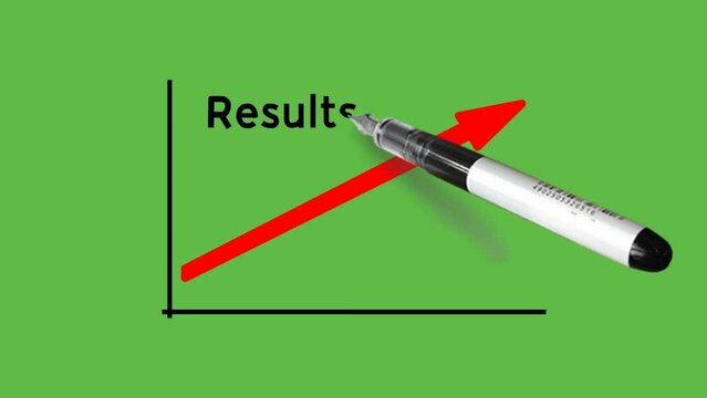 Draw close view result show by red graph line upward on paper with horizontal and vertical lines with black outline on abstract green screen background
