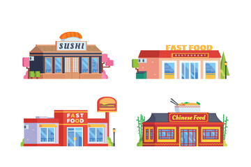 Vector element of sushi restaurant, fast food restaurant and chinese food restaurant flat design style for city illustration