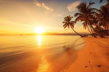 A serene beach with crystal-clear water, palm trees, and a beautiful sunset in the background Generative AI