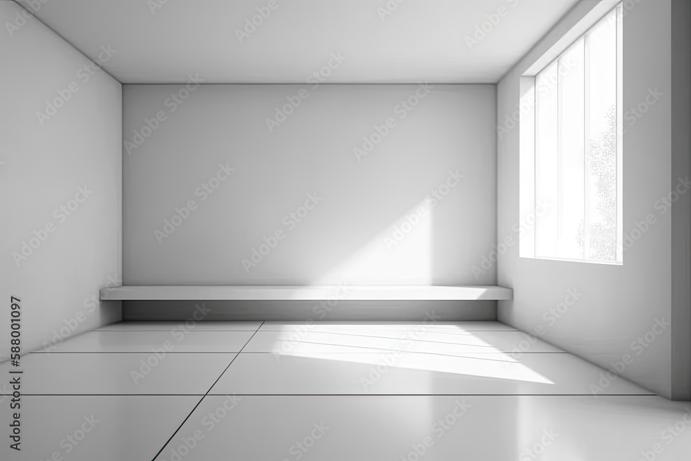 Poster illustration of an empty room with a window and a bench. generative ai