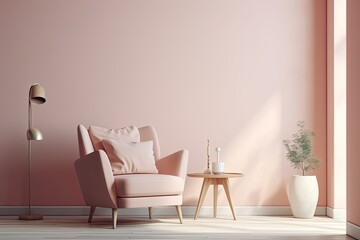 cozy living room with a pink color scheme and a comfortable armchair. Generative AI