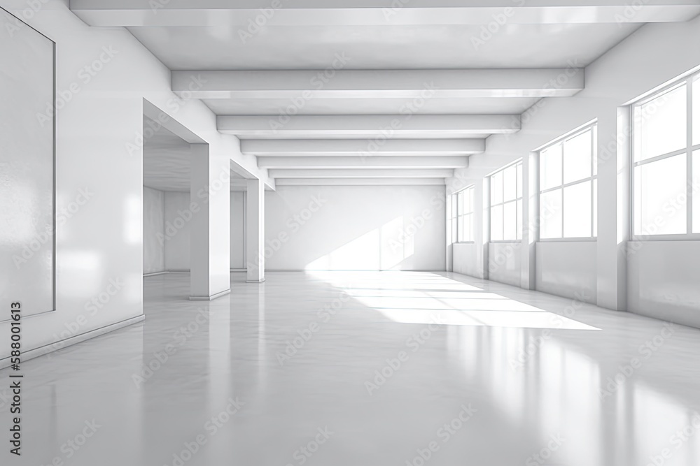 Aufkleber illustration of an empty white room with abundant natural light from multiple windows. generative ai
