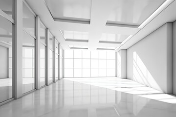 Illustration of an empty room with large windows bringing in natural light. Generative AI