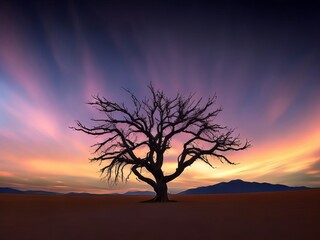 A Single Dead Tree with the Stunning Milky Way at Sunset. Generative AI.