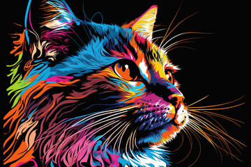 Lovely, colorful pop-art cat on black background,colorful cat.Created with Generative Ai technology.