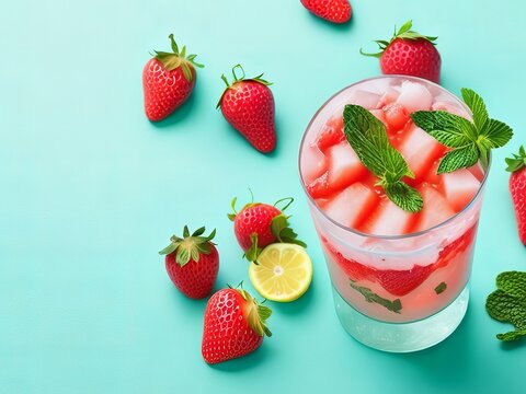 A Vibrant Pink Limonate with Crushed Ice, Strawberry, and Mint. 