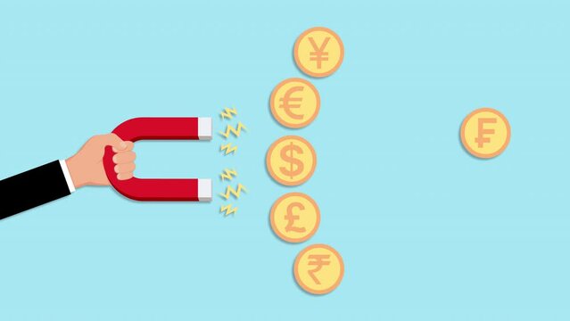 Businessman holding a magnet to attract coins. dollar, euro, franc, pound, yen, yuan, turkish lira, indian rupee, russian ruble, finance, business, customer, savings, wealth, blue background.