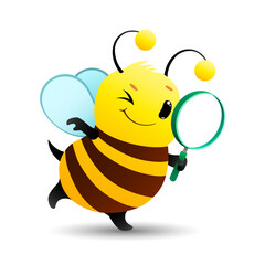 cute cartoon little honey bee looking for items with a magnifying glass on white background. funny bee in search. vector cartoon character illustration.