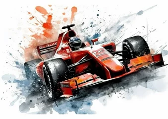 Rolgordijnen Watercolor abstract representation of Formula-1 racing car. Formula-1 racing car players in action during colorful paint splash, isolated on white background. AI generated illustration. © Czintos Ödön