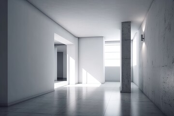Illustration of an empty white room with no furniture or decorations. Generative AI