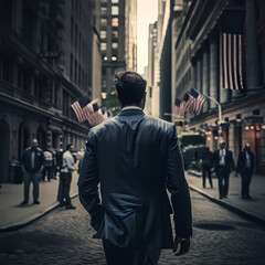 Businessman Walking in Financial District - Rear View of Professional in Suit on Busy Urban Street - create with Generative AI technology