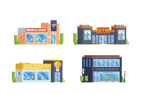 Vector element of electronic store building, gym and restaurant building flat design style for city illustration