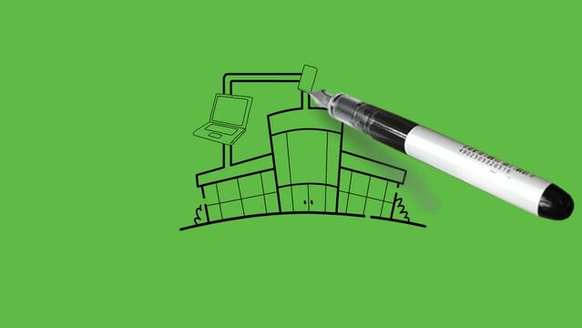 Draw close view of four electric devices like computer, laptop, tablet and smart phone mutually connected with internet with black outline on abstract green screen  background
