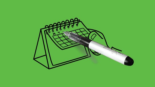 Draw close view of table calendar turn over page by human hand with black outline on abstract green screen background
