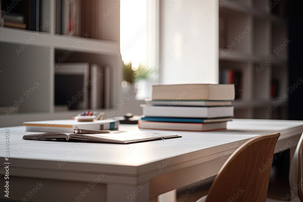 Poster stack of books on a table in a cozy reading nook. generative ai