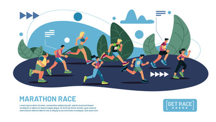 Marathon runners. People walk. Running men and women. Race with distance. Sport city. Health shoe for sprint. Trainers outdoor exercises. Jogging banner design. Vector illustration