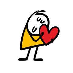 Romantic stickman in love holds a big heart.