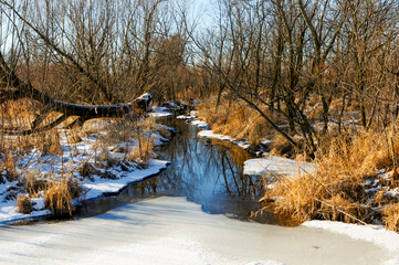 Fototapeta na wymiar Creek In Winter Snow In Wisconsin