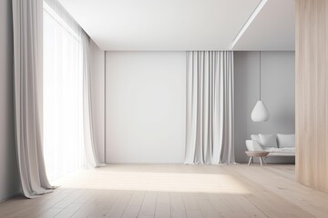 Illustration of an empty room with white curtains and a chair. Generative AI