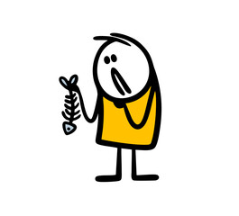 Funny sad stickman character holds fishbone in his hand and wonder who ate it.