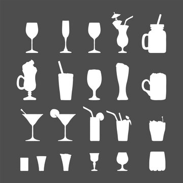 Vector White Silhouette Set of Alcohol and Soft Drinks,