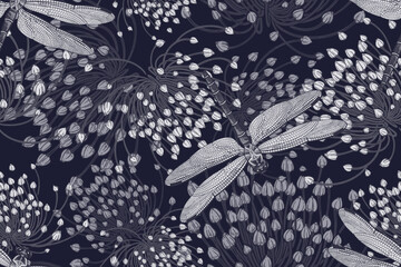 Black and white seamless background. Decorative flowering herbs and dragonflies. - 588007276