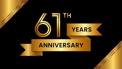 61th Anniversary. Anniversary template design with number and golden ribbon. Logo Vector Template