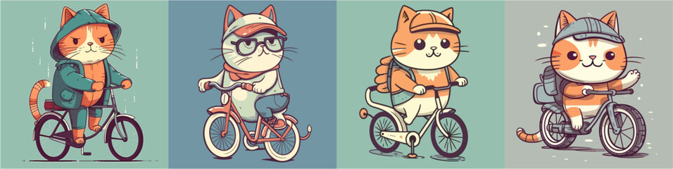 Flat color vector of happy cats riding bicycle set collection