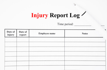 The blank Workplace Injury Report Log with pen.