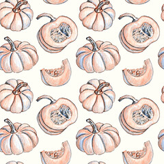 Pumpkins seamless pattern. Pencil graphics with liner.  Hand drawn. Design for fabric, wallcovering, postcards, invitations, paper for scrapbooking.