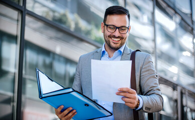 Young businessman standing in front of the corporation and reading documents. Business, education, lifestyle concept