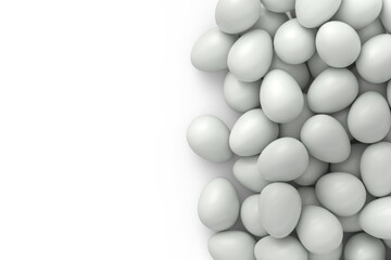 Many farm raw organic white chicken eggs background from local market