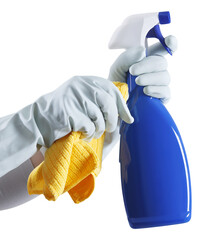 Cleaning service and solutions. Hands with gloves, rags and spray bottle isolated on white...